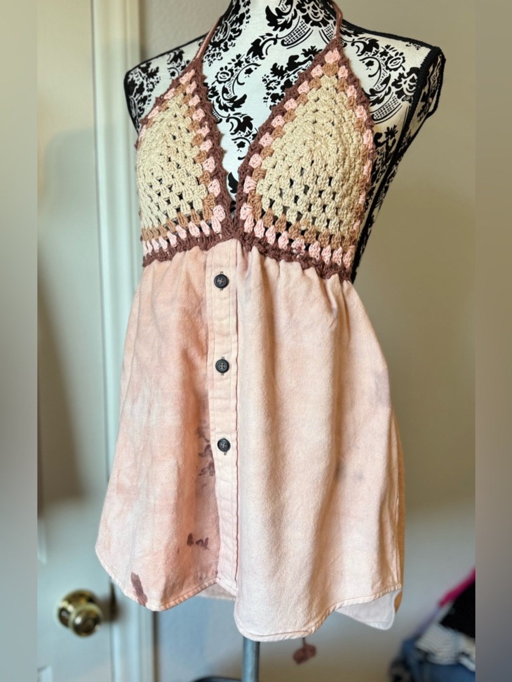 NWT Free People Pink Crochet Bust Button-Front Halter